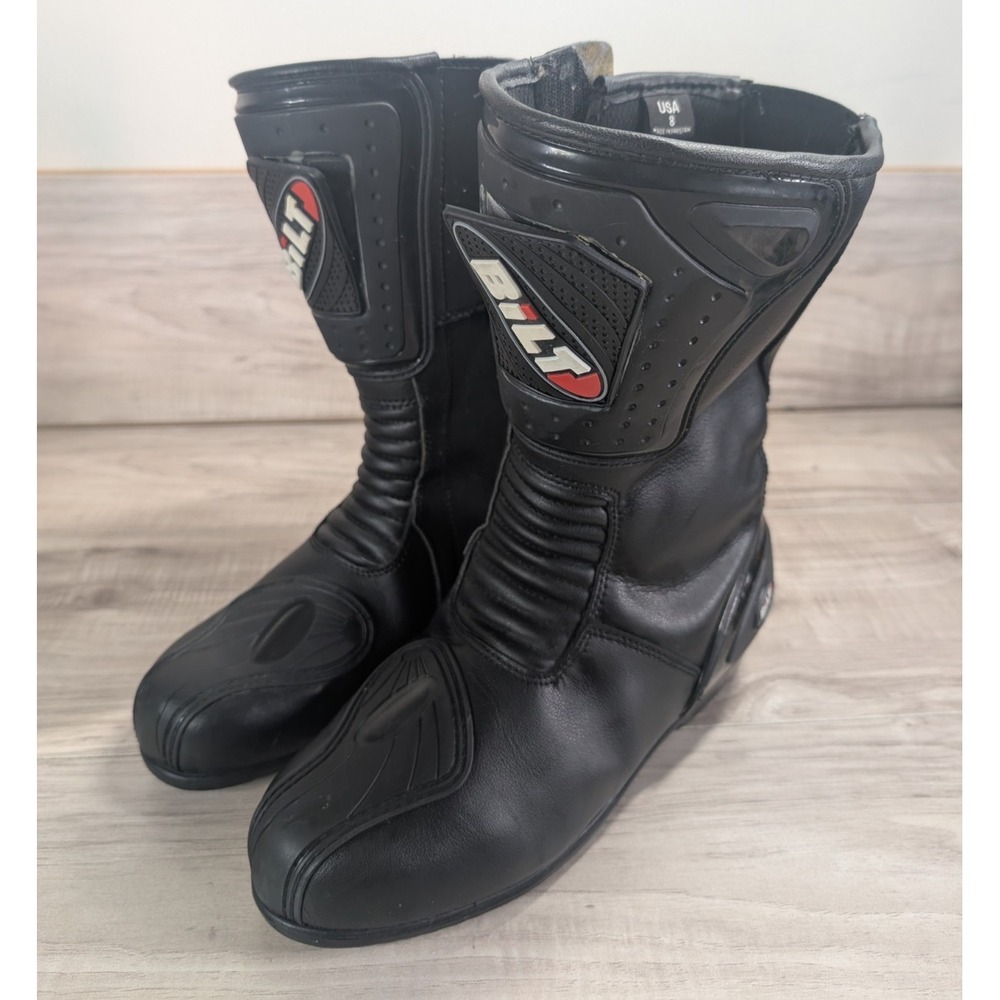 Men's BILT Motorcycle Armored Leather Boots Sz 8 Black ( READ )